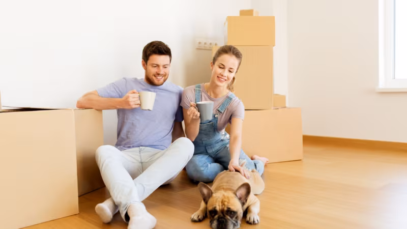 A couple sitting on the floor with mugs and their French bulldog among cardboard boxes