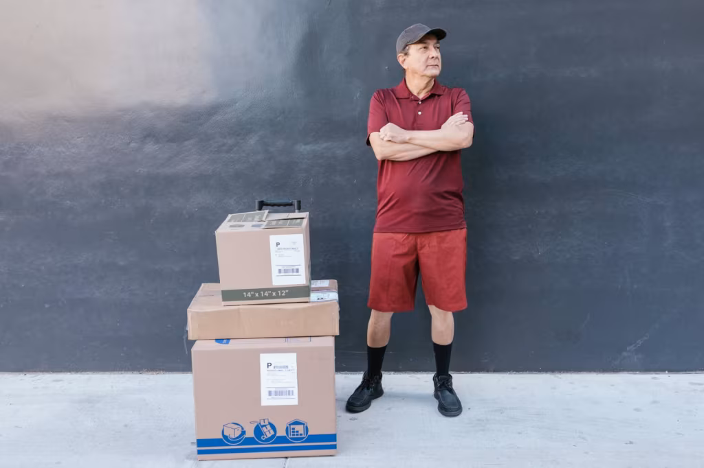 Man standing surrounding by boxes ready for moving cross country