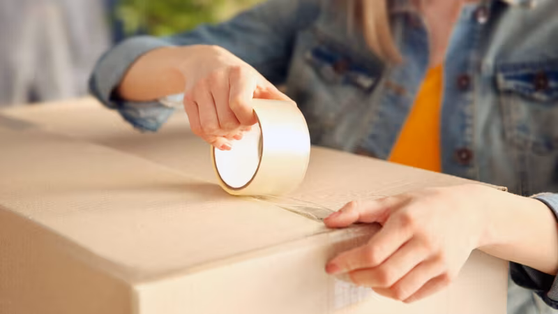 Hands taping a cardboard box shut