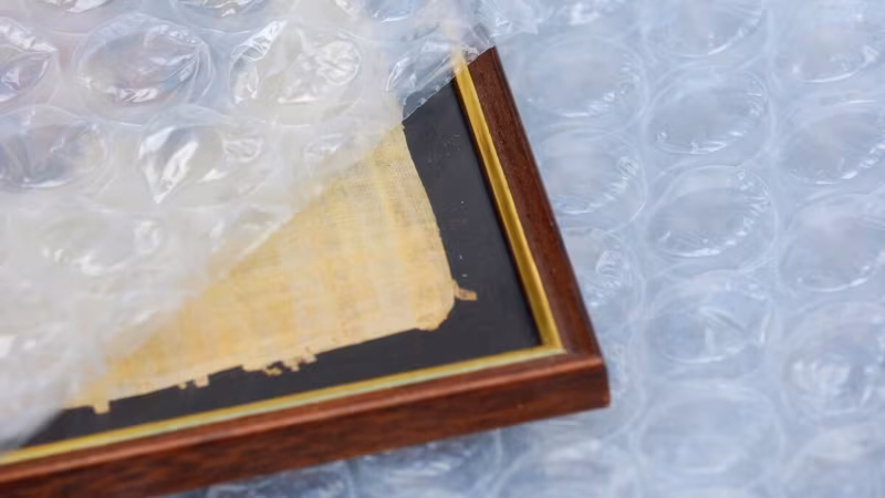 A framed picture wrapped in bubble wrap