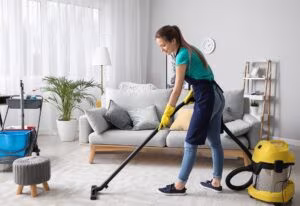 A woman vacuuming the floor of a bright living room with a canister vacuum and cleaning supplies beside her