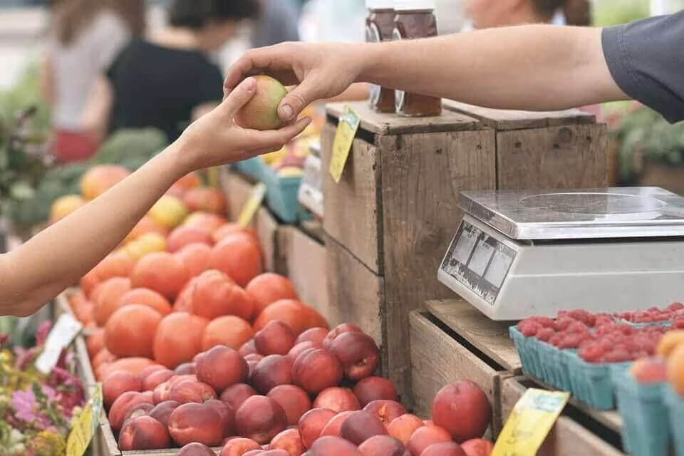 Hands exchanging fruit over a market stall of apples and peaches, with weighing scales behind