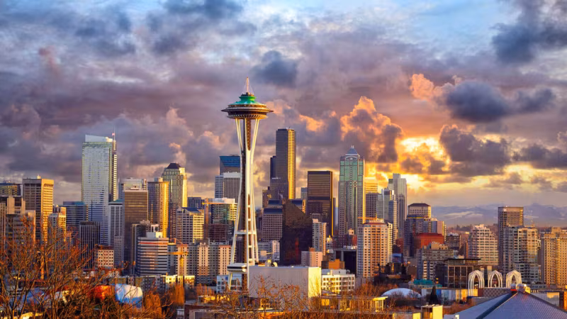 The Seattle skyline with the Space Needle at sunset