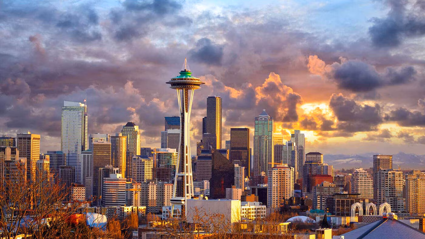 The Seattle skyline with the Space Needle at sunset