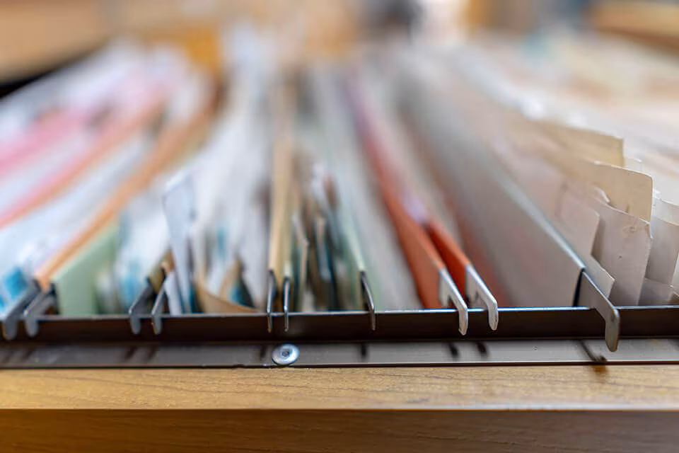 Close-up of a drawer of hanging file folders