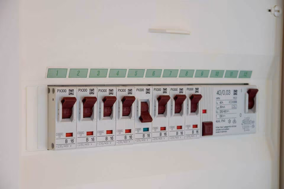 A row of circuit breakers in an open electrical consumer unit on a wall