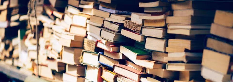 Rows of books packed tightly on shelves