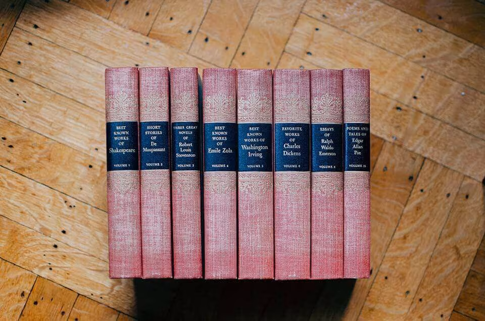 A row of matching pink and navy hardback volumes standing on a wooden floor