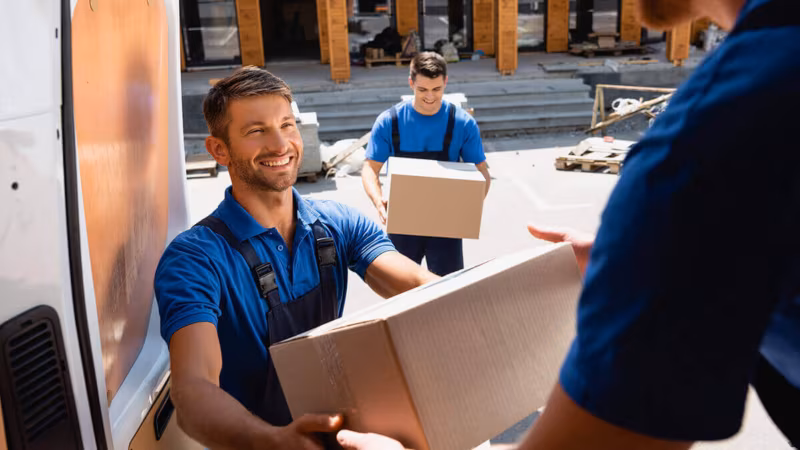 Professional movers carefully packing and organizing belongings into cardboard moving boxes.