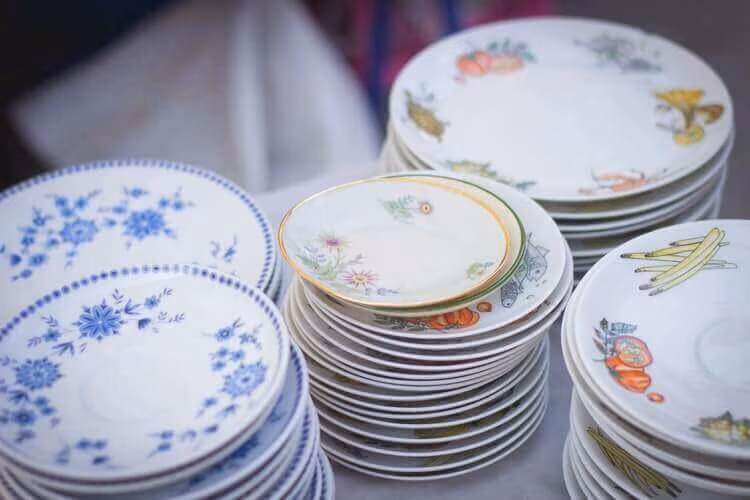 Stacks of patterned porcelain plates