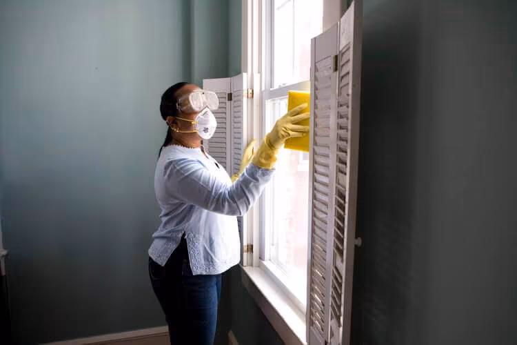 A woman in a face mask spraying and wiping a window frame