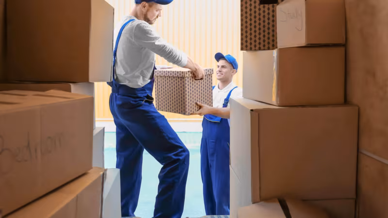 Two movers in blue overalls stacking cardboard boxes