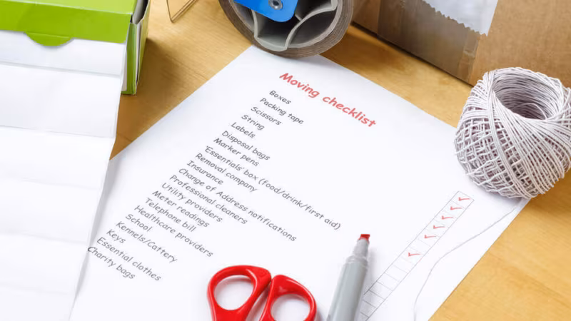 A printed moving checklist beside scissors, twine, a marker and a roll of tape