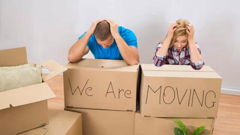 A couple with their hands on their heads behind boxes labeled We are moving