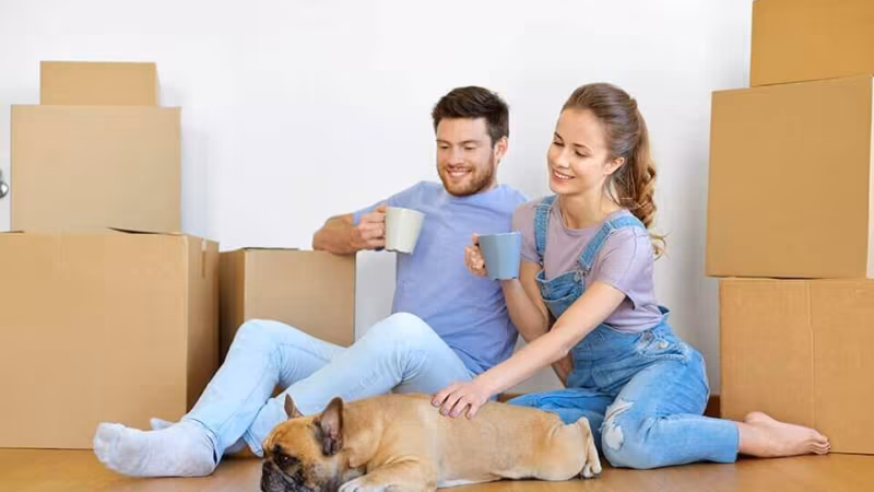A couple sitting on the floor with mugs and their dog among cardboard boxes