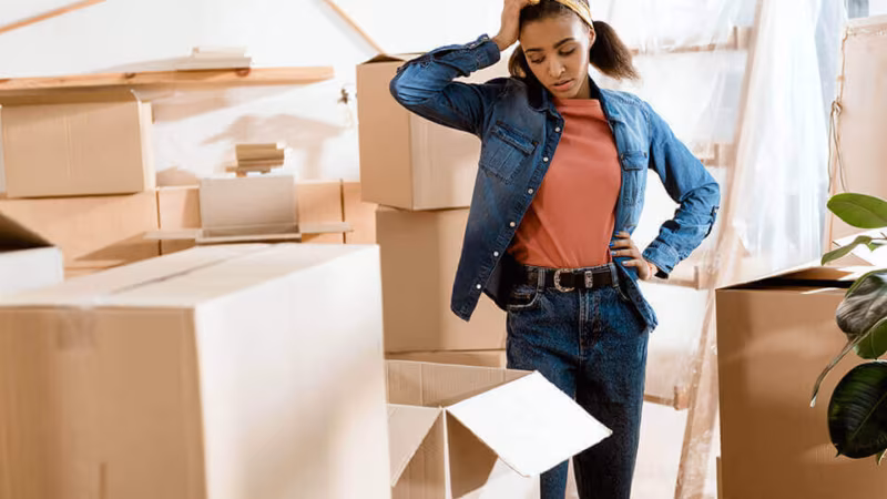 A young woman standing among stacked cardboard boxes with a hand to her head