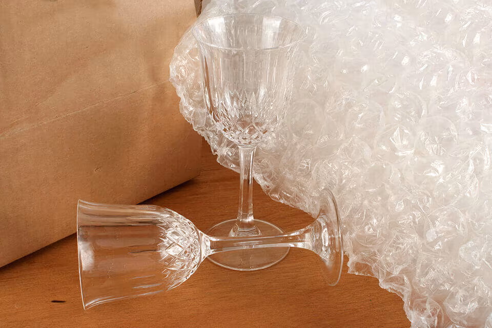 Two crystal wine glasses on a table beside a roll of bubble wrap and a cardboard box