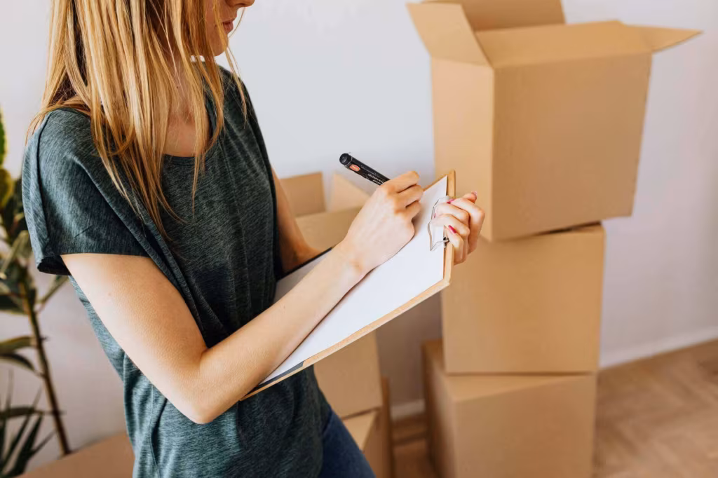 A woman writing on a clipboard beside stacked cardboard boxes