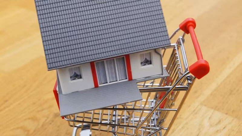 A model house sitting in a miniature shopping trolley