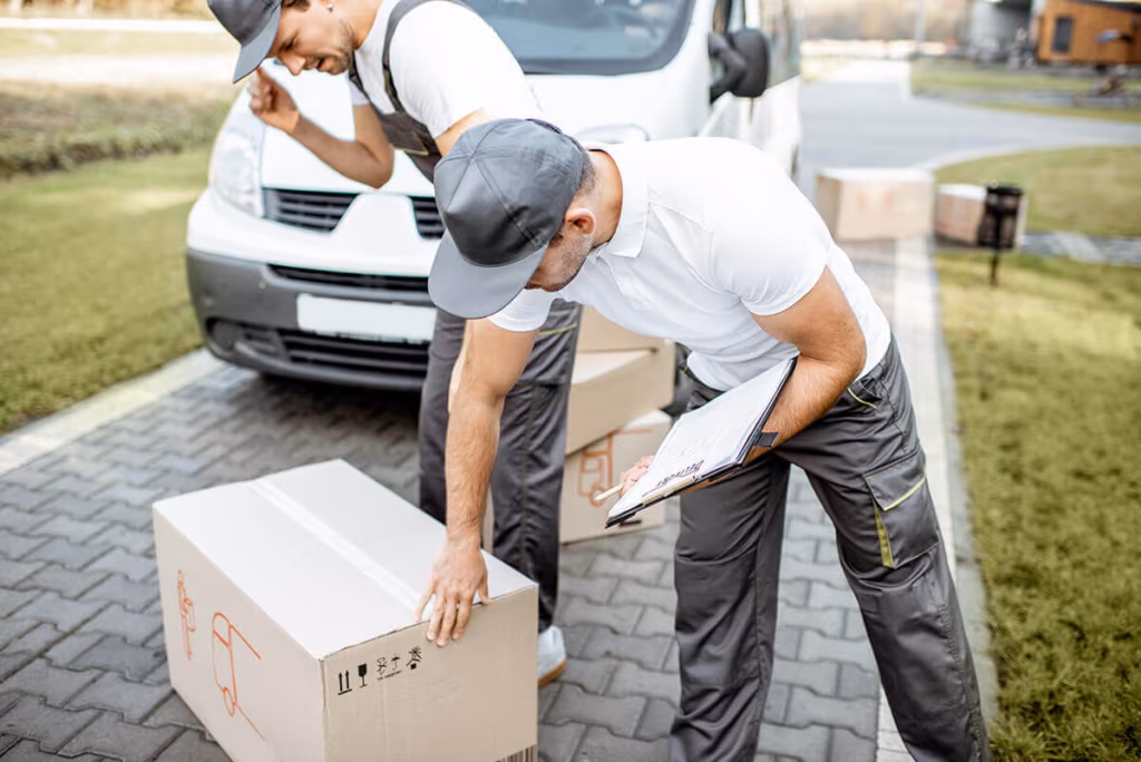 Two movers checking a box with fragile dishware.