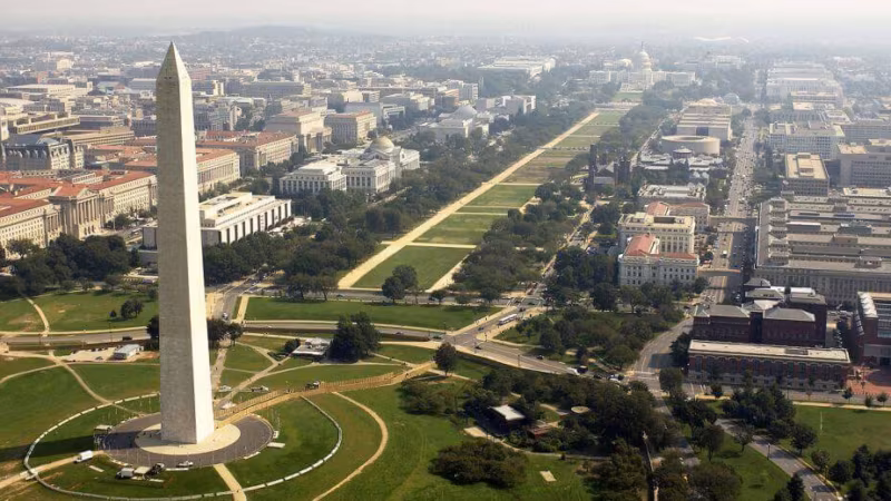 Panoramic view of Washington DC skyline with the Capitol Building and Potomac River at sunset.