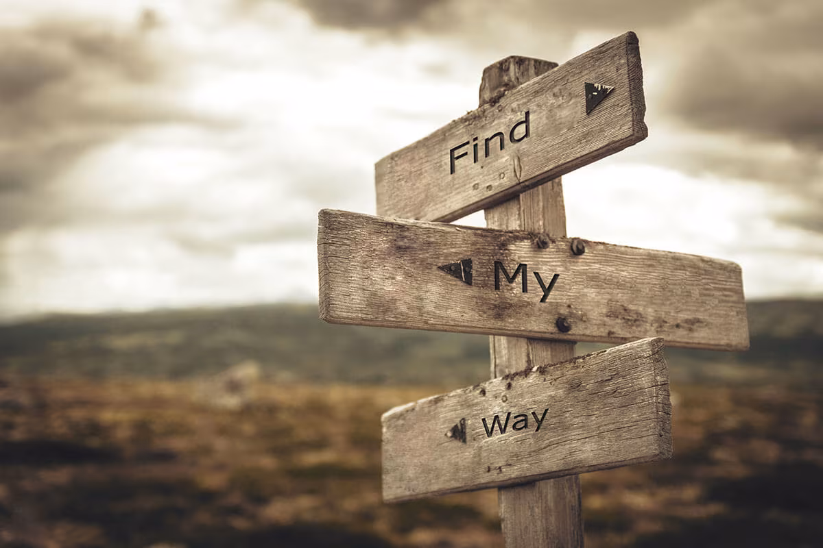 A wooden signpost reading Find my way against a cloudy sky