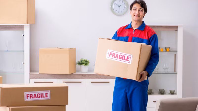 Professional mover carefully carrying a labeled fragile box during a home relocation.