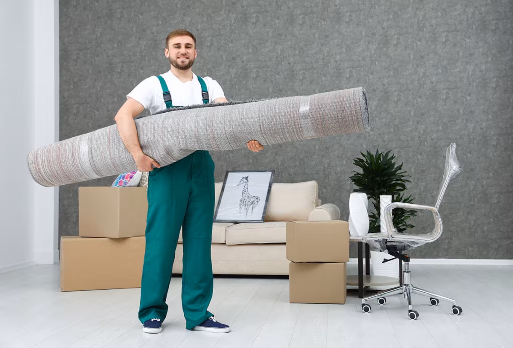 one of the cross-country movers holding a rug and smiling