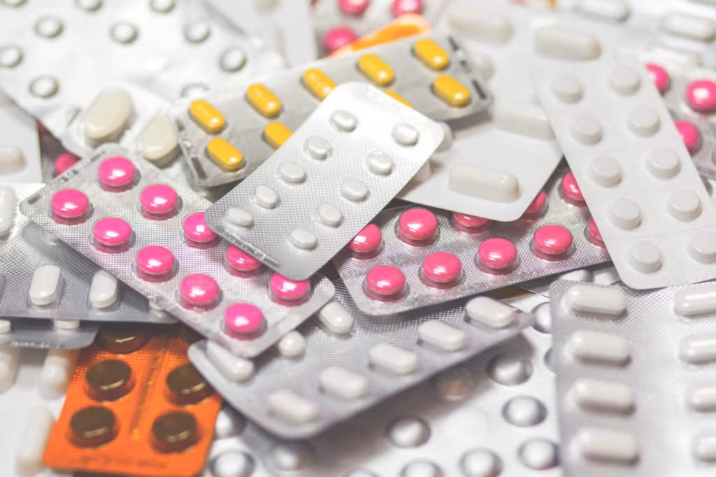 Bunch of pills ready for reorganization before cross-country moving