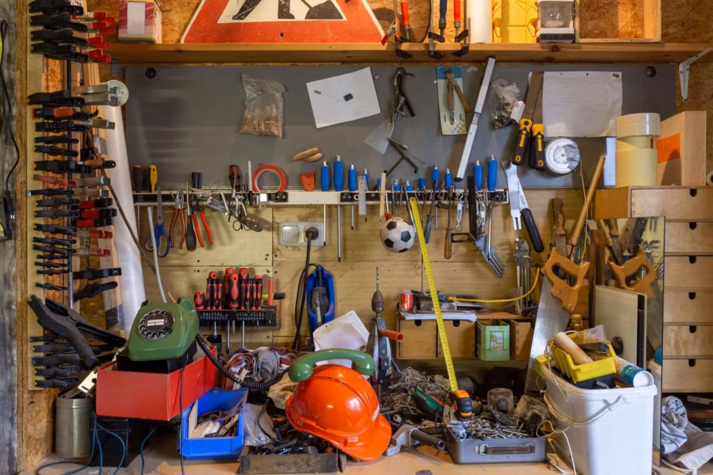 A storage shed with a bunch of tools