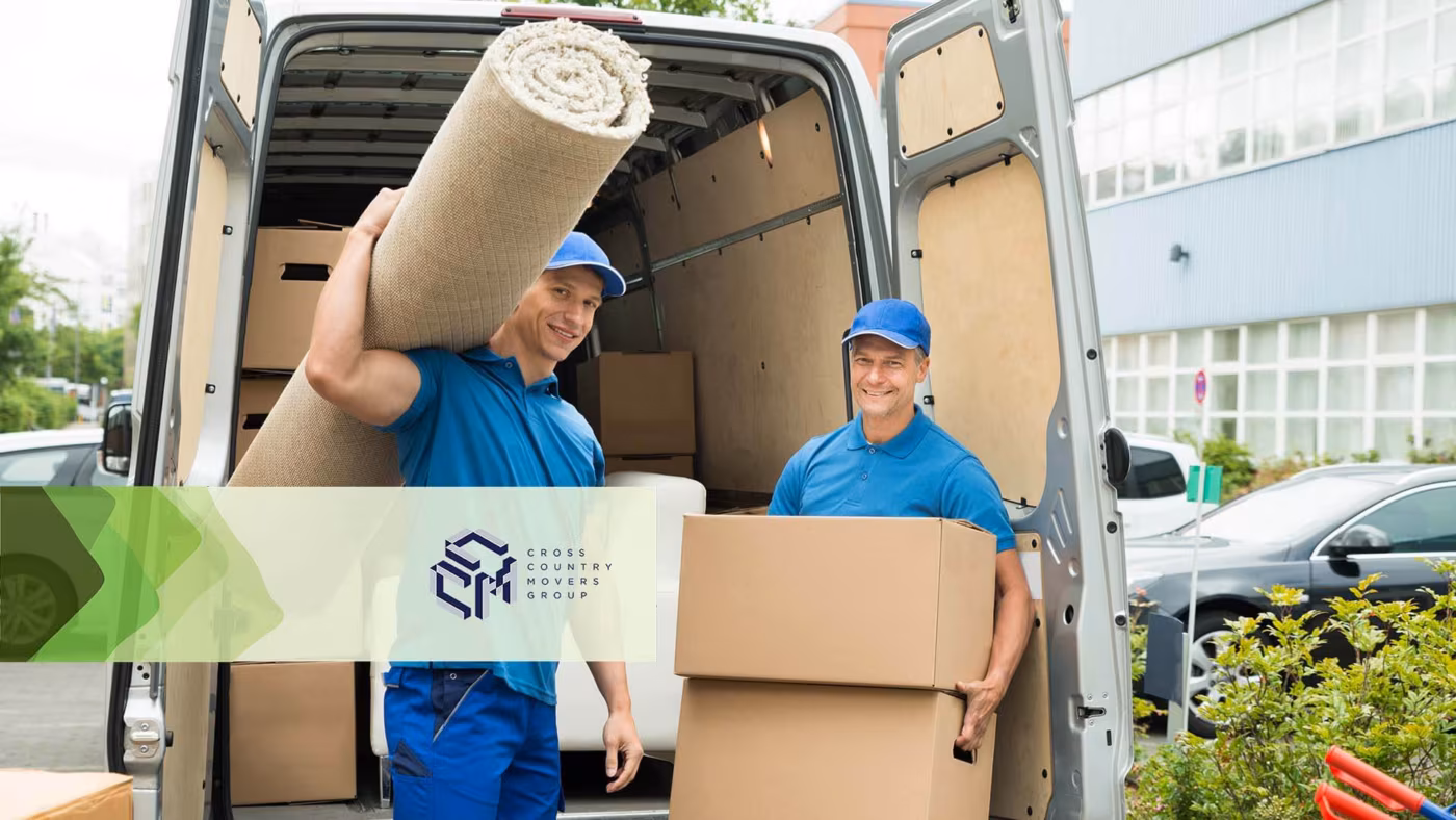Professional movers carrying stuff Cross Country Movers Group logo