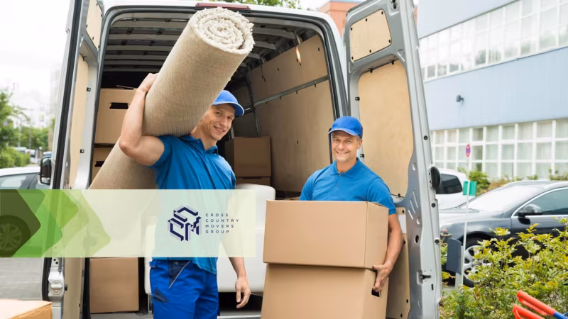 Professional movers carrying stuff Cross Country Movers Group logo