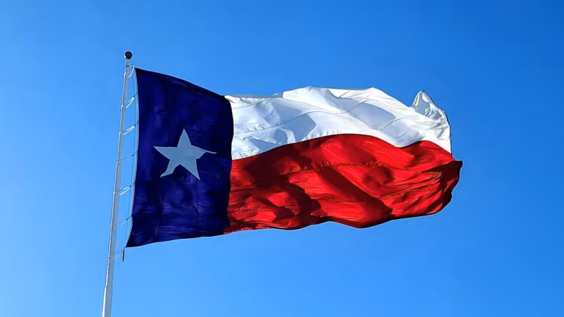 National flag of France with three vertical stripes of blue, white, and red fluttering against a clear sky.