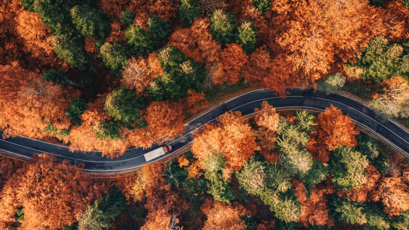 A road seen from above, running through open country
