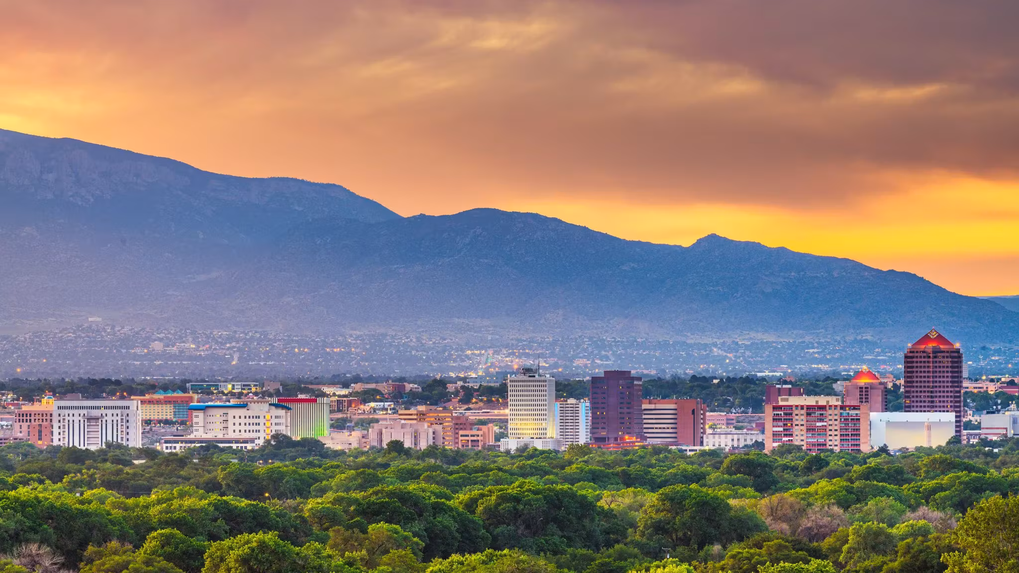 The Sandia Mountains at sunset above Albuquerque