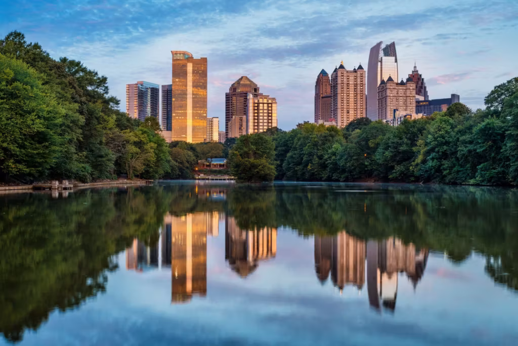 Midtown Atlanta reflected in the lake at Piedmont Park