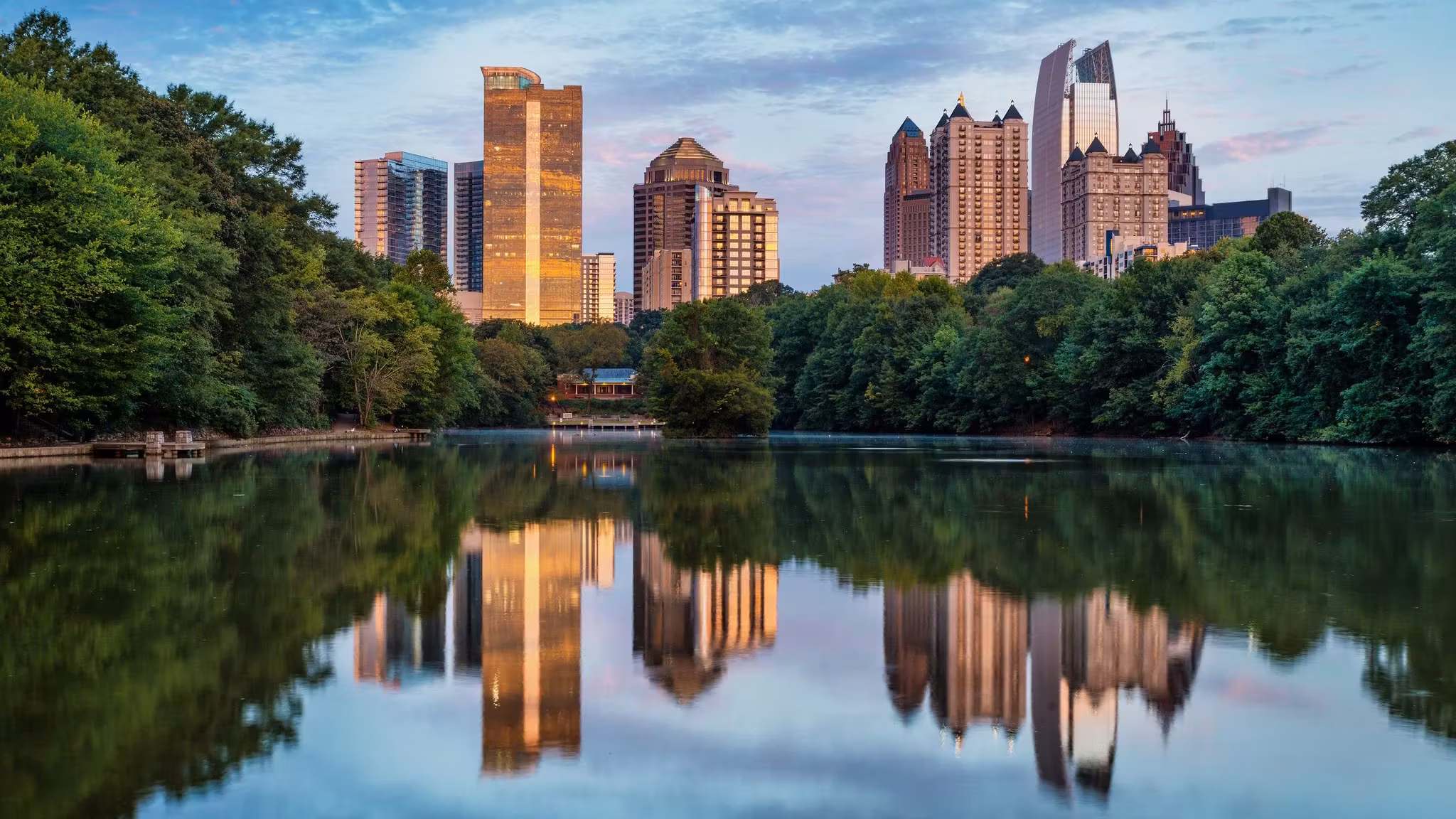 Midtown Atlanta reflected in the lake at Piedmont Park