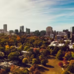 Atlanta's skyline beyond a dense canopy of trees turning in autumn