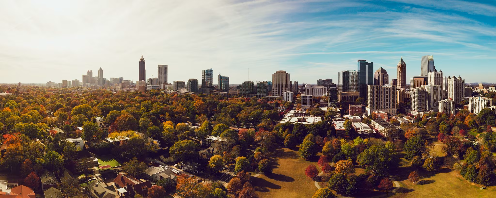 Atlanta's skyline beyond a dense canopy of trees turning in autumn