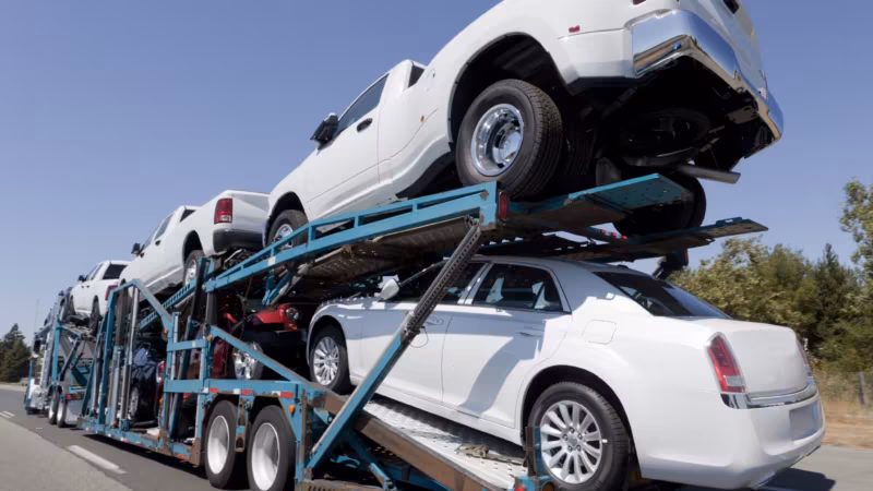 Cars angled on the ramps of a car carrier during loading