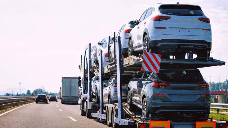 The rear of a loaded car carrier on a highway with vehicles strapped down
