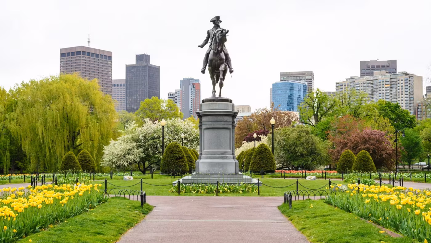 The Washington statue and spring planting in Boston's Public Garden