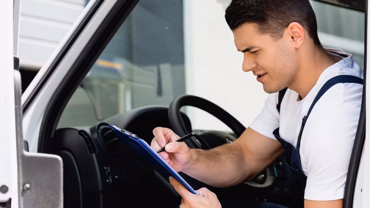 A mover in the driver's seat of a van with the door open, writing on a clipboard