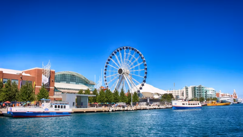 The Ferris wheel at Navy Pier seen across Lake Michigan