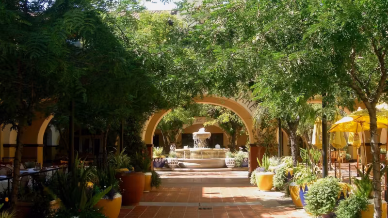 A tiled plaza with a fountain, trees and cafe umbrellas in Concord