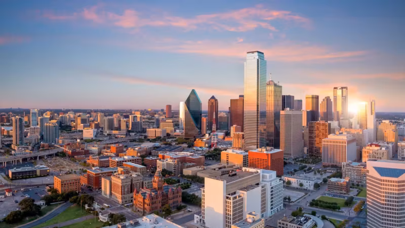 Downtown Dallas from the air at sunset