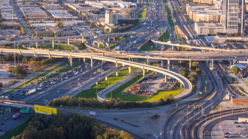 A multi-level highway interchange in Dallas seen from the air