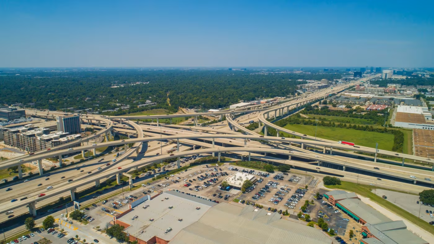 A large freeway interchange in Houston seen from the air