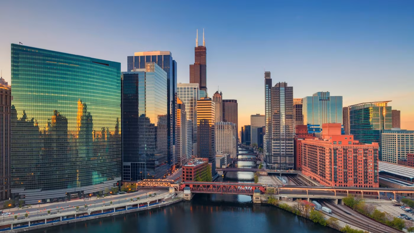 The Chicago River running between the downtown towers in daylight