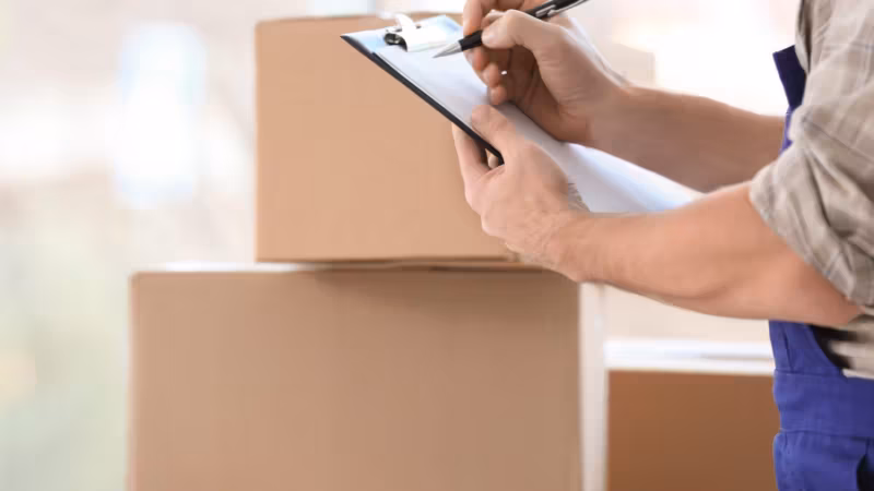 A checklist on a clipboard resting on packed moving boxes